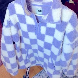 New three quarter zip fleece pullover in a lavender/white checkerboard pattern.